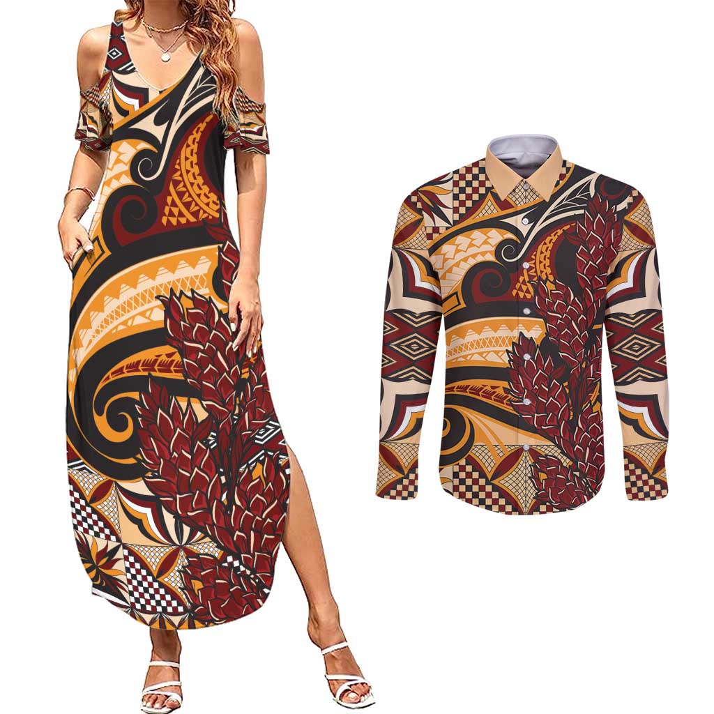 Vintage Samoa Siapo Couples Matching Summer Maxi Dress and Long Sleeve Button Shirt With Teuila Torch Ginger LT9 Art - Polynesian Pride