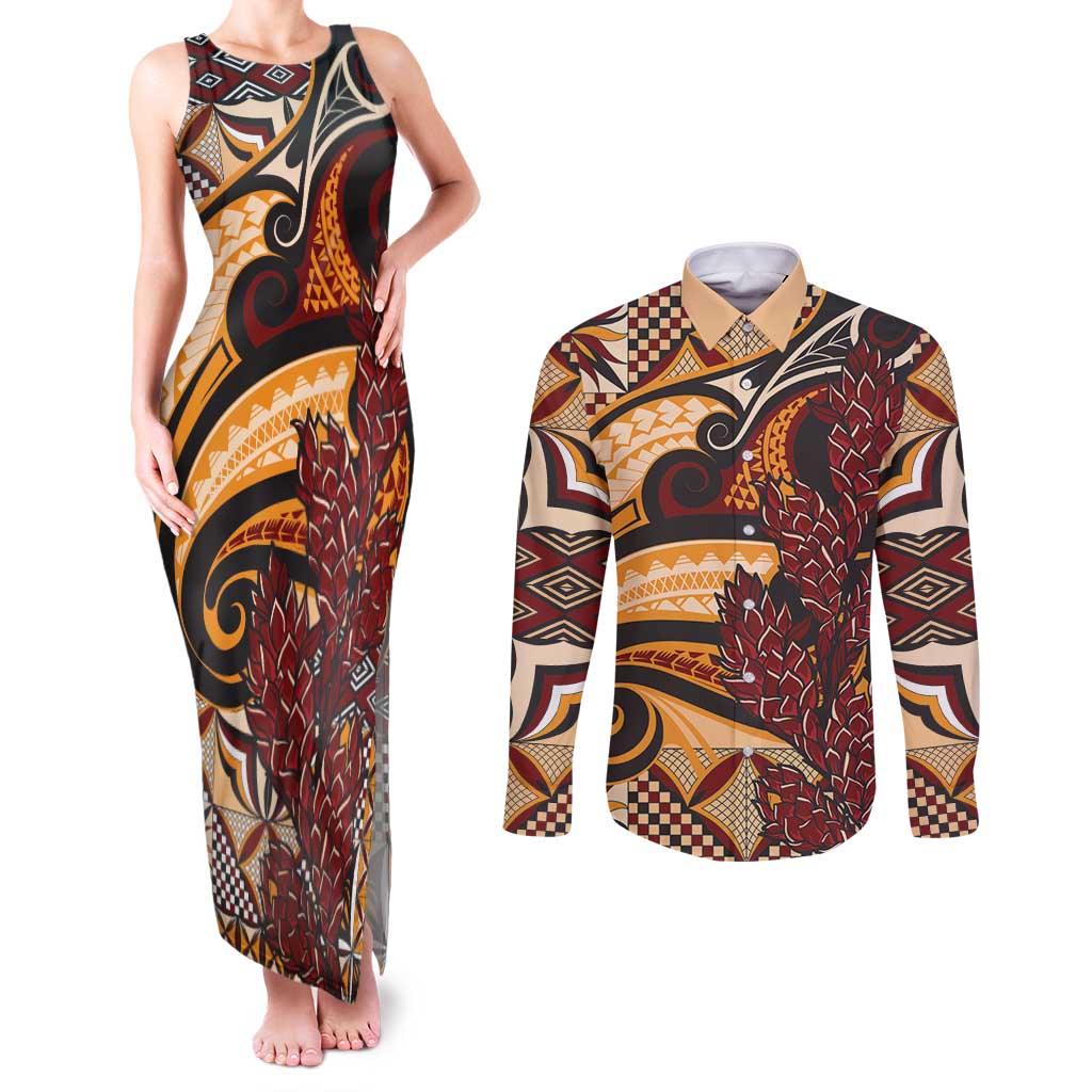Vintage Samoa Siapo Couples Matching Tank Maxi Dress and Long Sleeve Button Shirt With Teuila Torch Ginger LT9 Art - Polynesian Pride