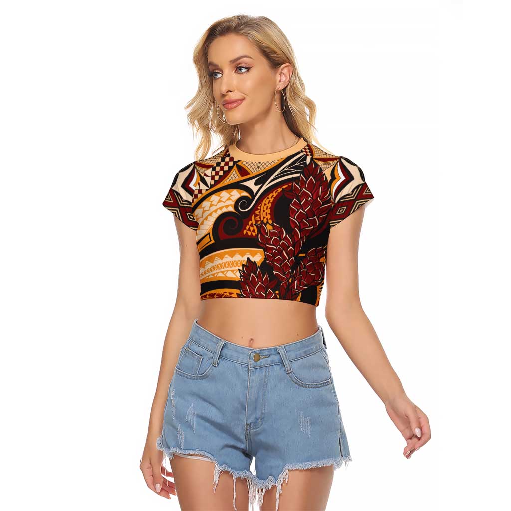 Vintage Samoa Siapo Raglan Cropped T Shirt With Teuila Torch Ginger LT9 Female Art - Polynesian Pride