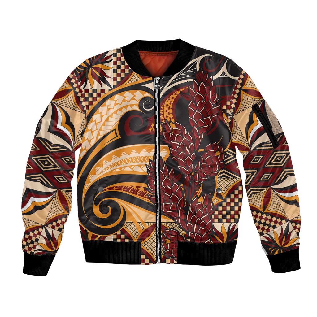 Vintage Samoa Siapo Sleeve Zip Bomber Jacket With Teuila Torch Ginger LT9 Unisex Art - Polynesian Pride