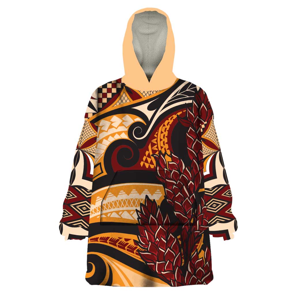 Vintage Samoa Siapo Wearable Blanket Hoodie With Teuila Torch Ginger LT9 One Size Art - Polynesian Pride