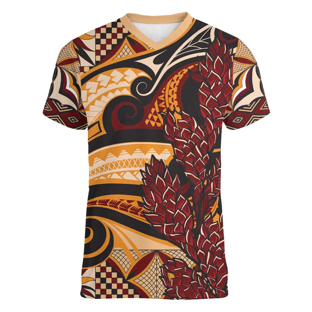 Vintage Samoa Siapo Women V-Neck T-Shirt With Teuila Torch Ginger LT9 Female Art - Polynesian Pride