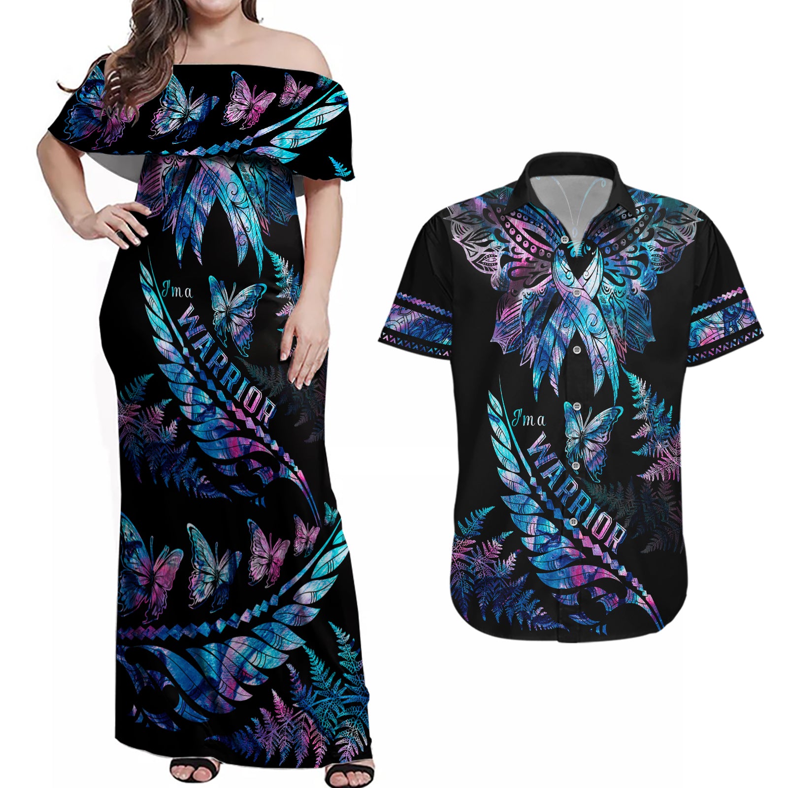 Polynesia Ribbon Butterflies Couples Matching Off Shoulder Maxi Dress and Hawaiian Shirt Silver Fern Breast Cancer With Papua Shell Pattern LT9 Black - Polynesian Pride