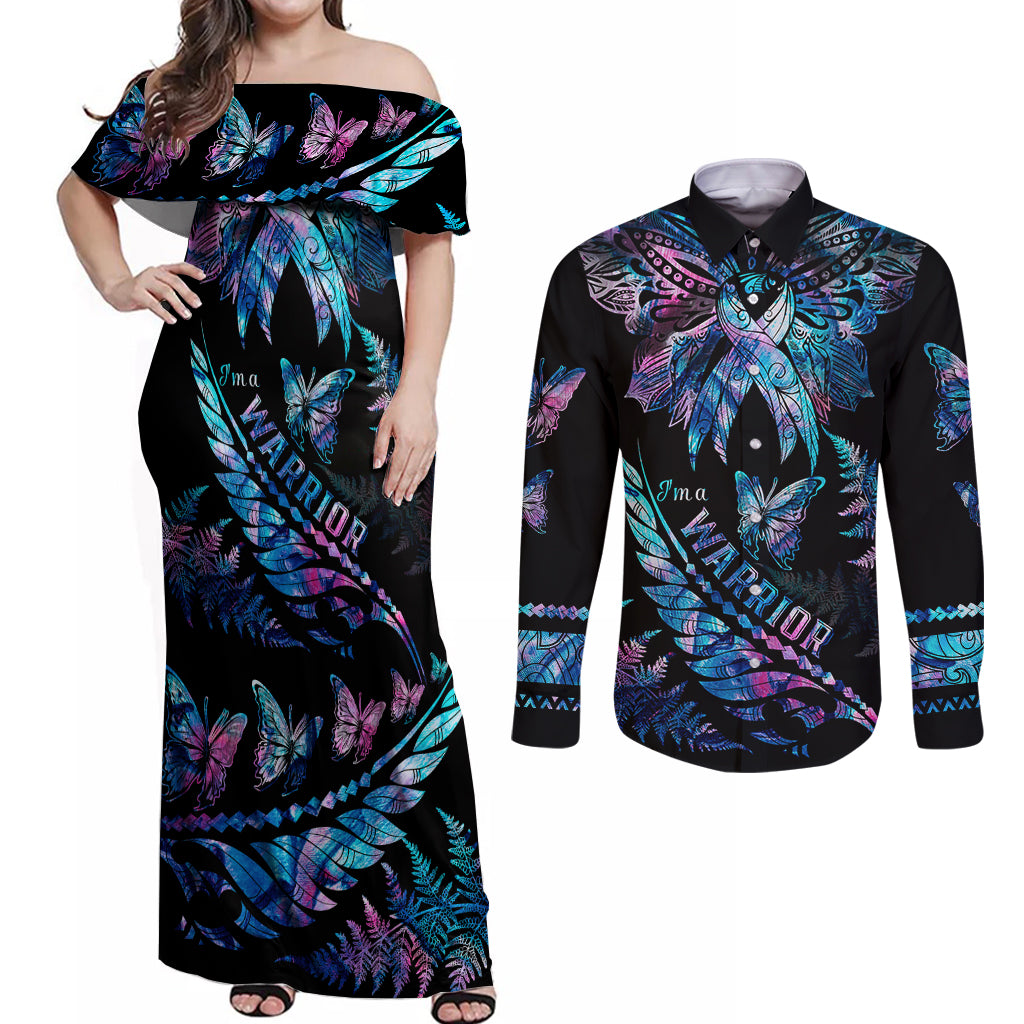 Polynesia Ribbon Butterflies Couples Matching Off Shoulder Maxi Dress and Long Sleeve Button Shirts Silver Fern Breast Cancer With Papua Shell Pattern LT9 Black - Polynesian Pride