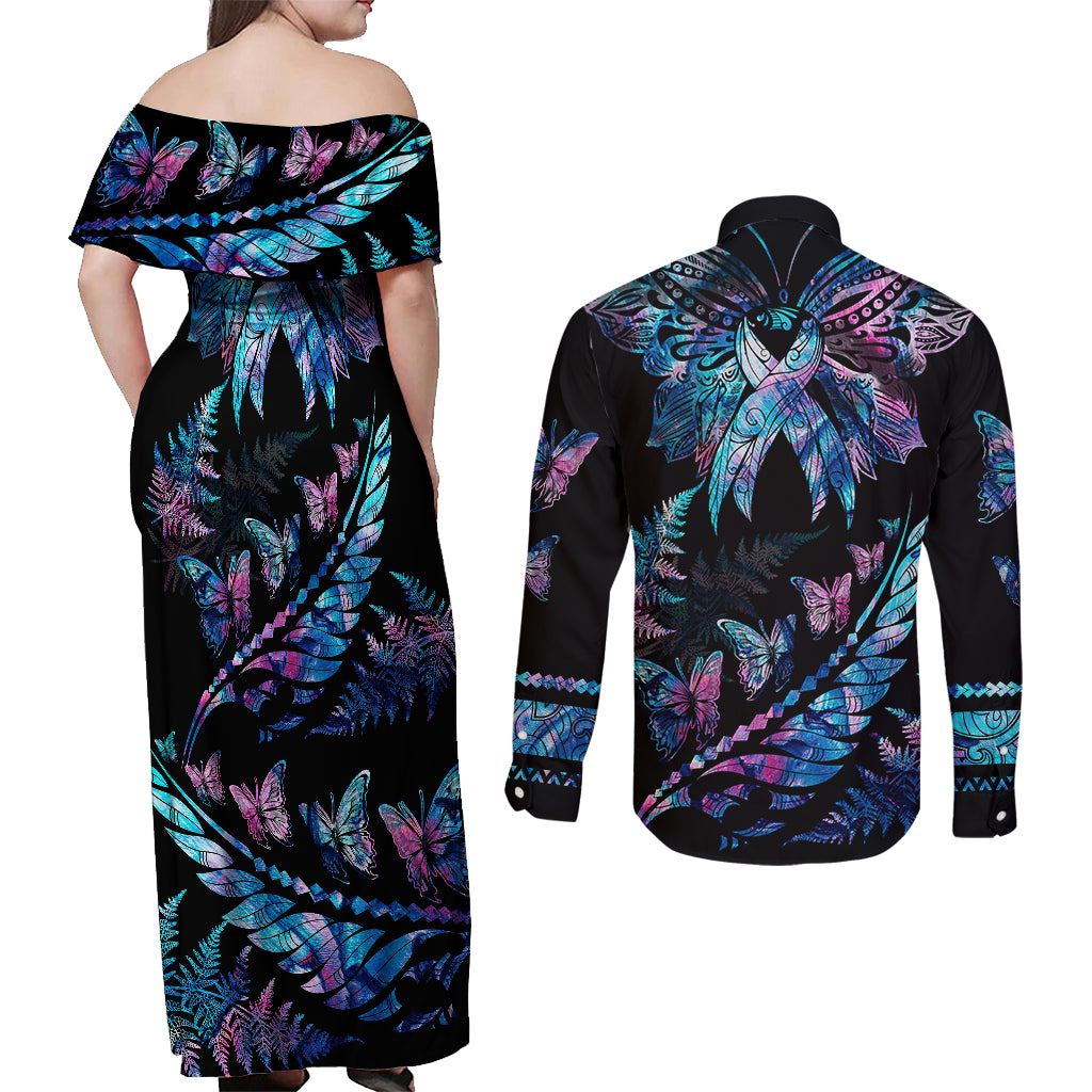 Polynesia Ribbon Butterflies Couples Matching Off Shoulder Maxi Dress and Long Sleeve Button Shirts Silver Fern Breast Cancer With Papua Shell Pattern LT9 - Polynesian Pride