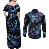 Polynesia Ribbon Butterflies Couples Matching Off Shoulder Maxi Dress and Long Sleeve Button Shirts Silver Fern Breast Cancer With Papua Shell Pattern LT9 - Polynesian Pride