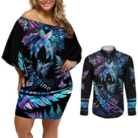 Polynesia Ribbon Butterflies Couples Matching Off Shoulder Short Dress and Long Sleeve Button Shirts Silver Fern Breast Cancer With Papua Shell Pattern LT9 Black - Polynesian Pride
