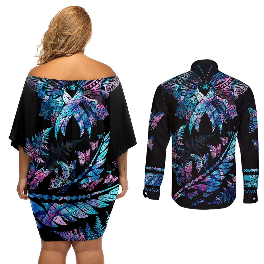 Polynesia Ribbon Butterflies Couples Matching Off Shoulder Short Dress and Long Sleeve Button Shirts Silver Fern Breast Cancer With Papua Shell Pattern LT9 - Polynesian Pride