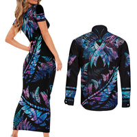 polynesia-ribbon-butterflies-couples-matching-short-sleeve-bodycon-dress-and-long-sleeve-button-shirts-silver-fern-breast-cancer-with-papua-shell-pattern