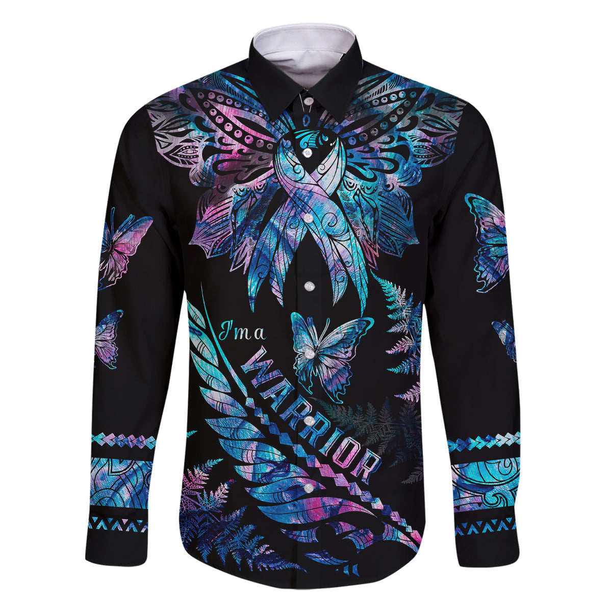 polynesia-ribbon-butterflies-family-matching-long-sleeve-bodycon-dress-and-hawaiian-shirt-silver-fern-breast-cancer-with-papua-shell-pattern