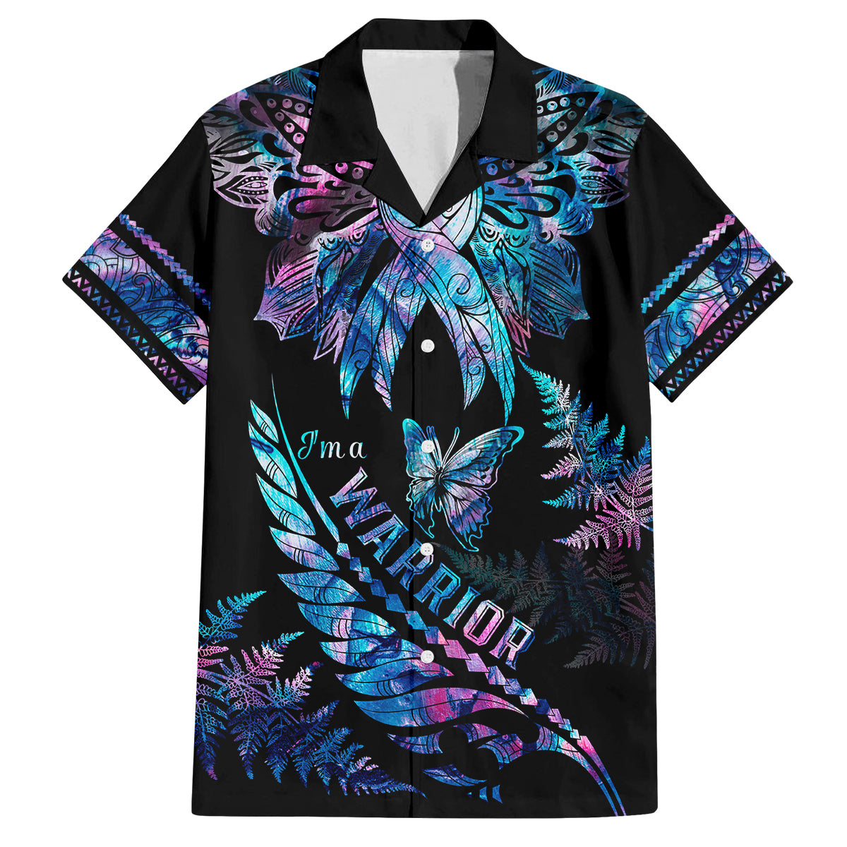 Polynesia Ribbon Butterflies Family Matching Puletasi Dress and Hawaiian Shirt Silver Fern Breast Cancer With Papua Shell Pattern LT9 Dad's Shirt - Short Sleeve Black - Polynesian Pride