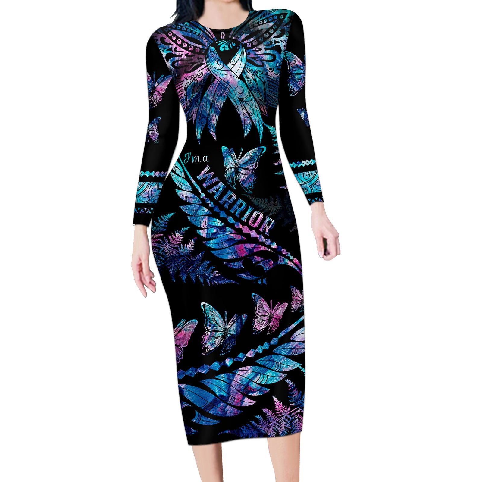 Polynesia Ribbon Butterflies Long Sleeve Bodycon Dress Silver Fern Breast Cancer With Papua Shell Pattern LT9 Long Dress Black - Polynesian Pride