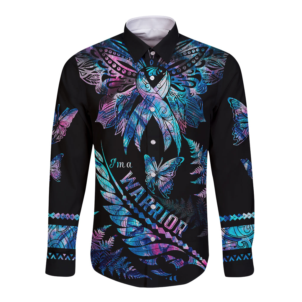 Polynesia Ribbon Butterflies Long Sleeve Button Shirt Silver Fern Breast Cancer With Papua Shell Pattern LT9 Unisex Black - Polynesian Pride