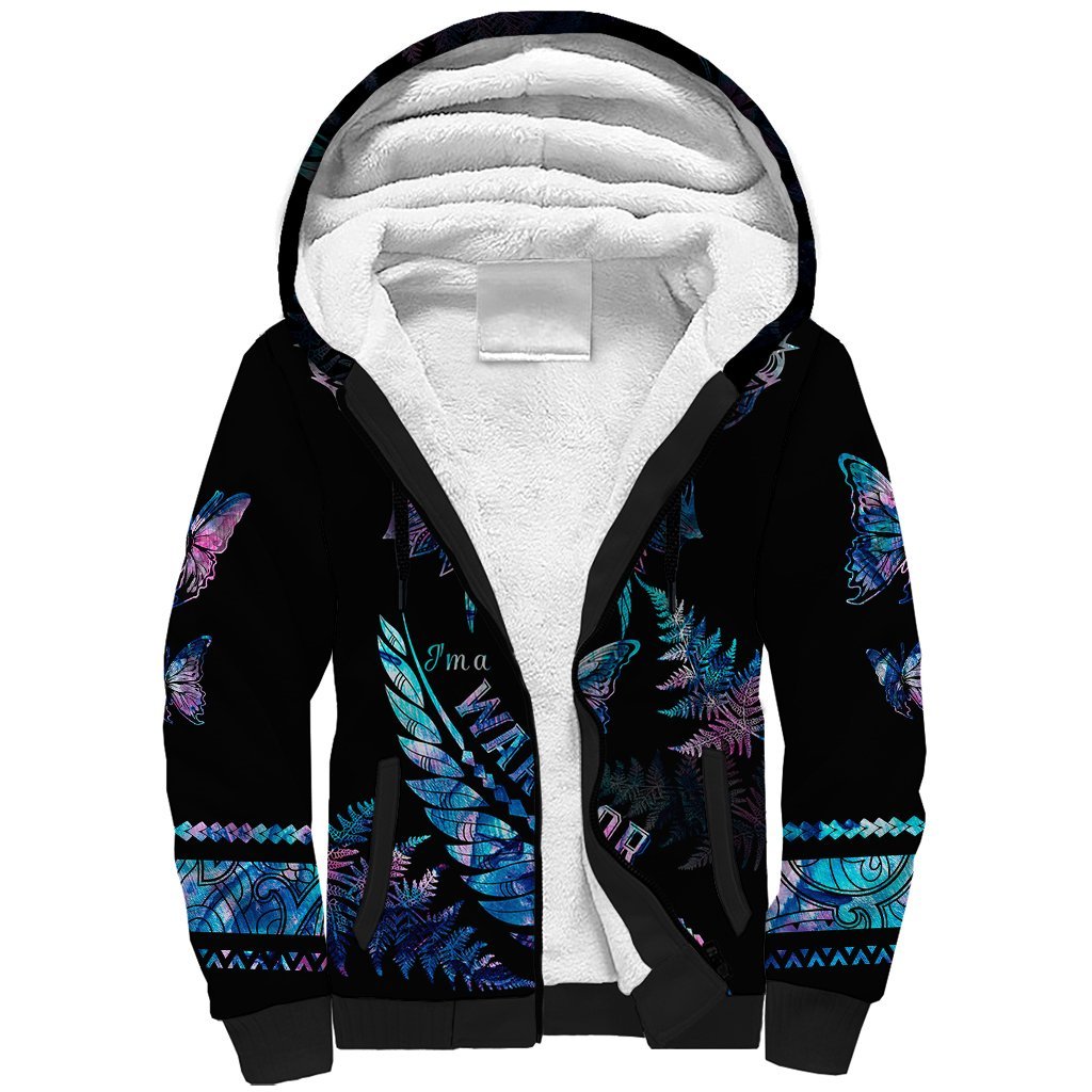 Polynesia Ribbon Butterflies Sherpa Hoodie Silver Fern Breast Cancer With Papua Shell Pattern LT9 Unisex Black - Polynesian Pride