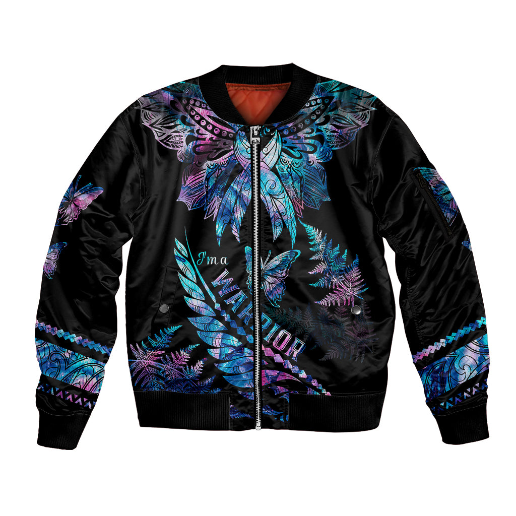 Polynesia Ribbon Butterflies Sleeve Zip Bomber Jacket Silver Fern Breast Cancer With Papua Shell Pattern LT9 Unisex Black - Polynesian Pride