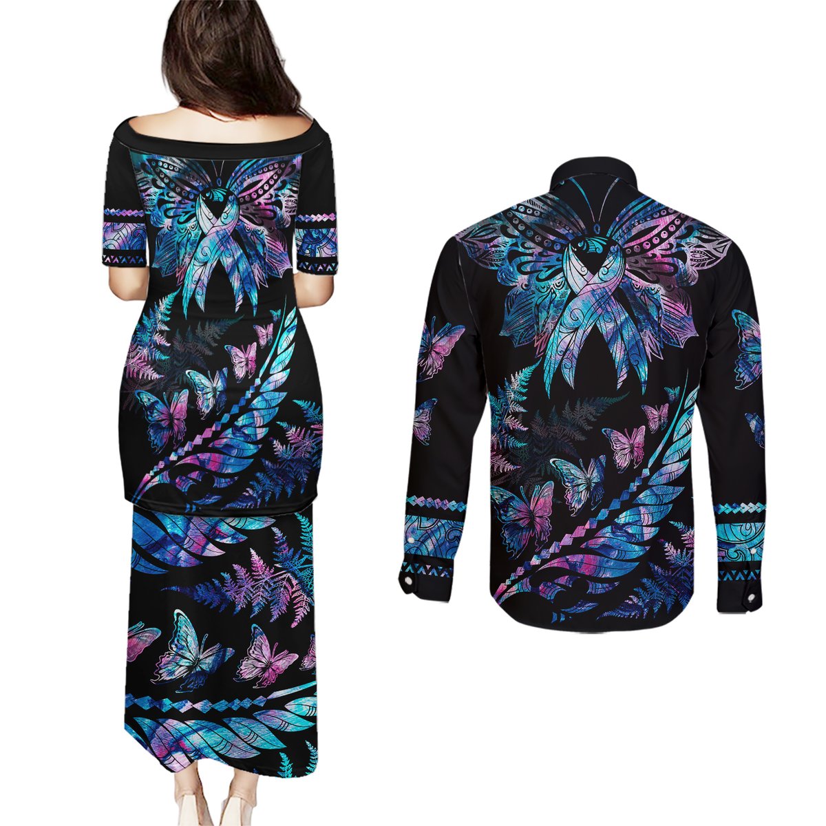 personalised-polynesia-ribbon-butterflies-couples-matching-puletasi-dress-and-long-sleeve-button-shirts-silver-fern-breast-cancer-with-papua-shell-pattern