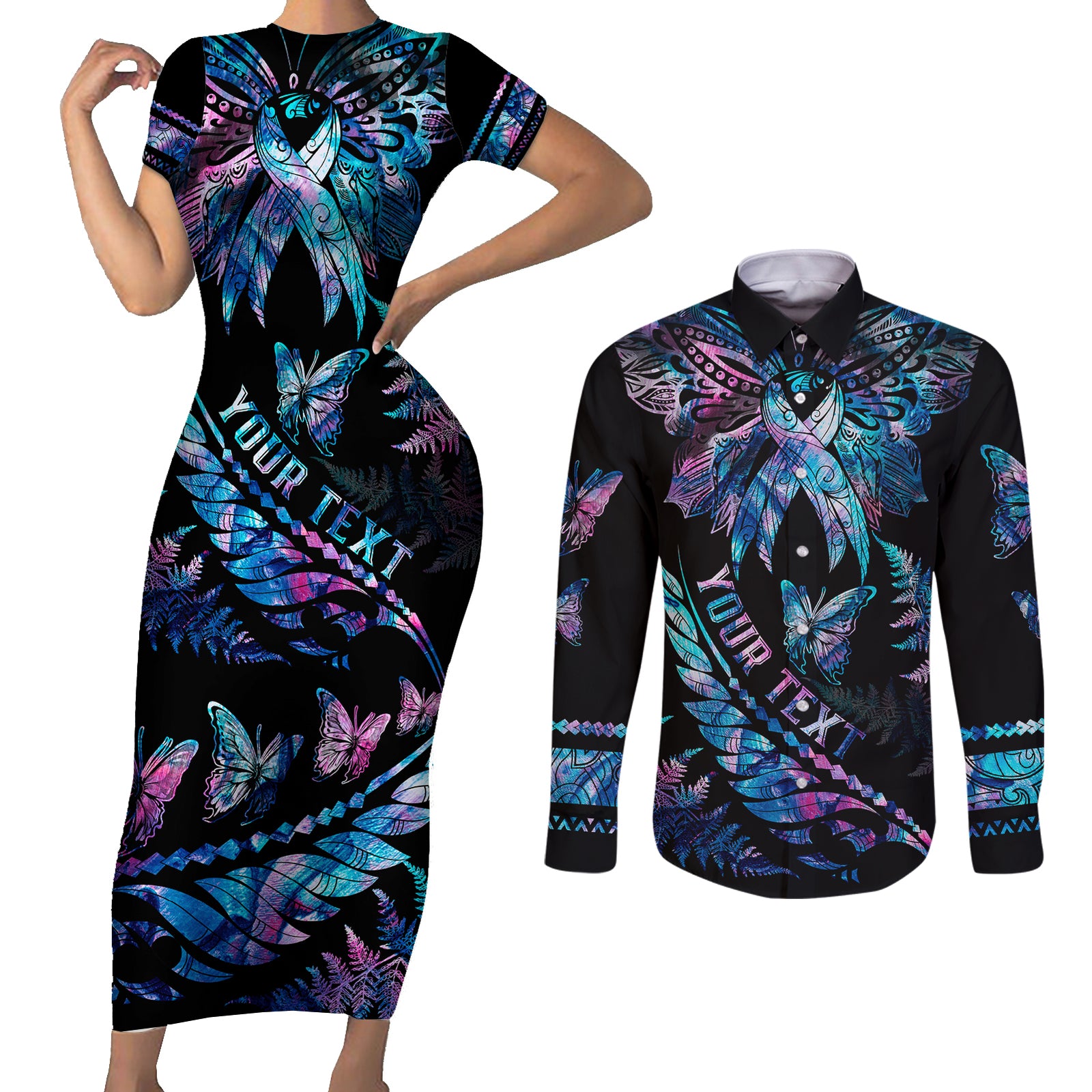 Personalised Polynesia Ribbon Butterflies Couples Matching Short Sleeve Bodycon Dress and Long Sleeve Button Shirts Silver Fern Breast Cancer With Papua Shell Pattern LT9 Black - Polynesian Pride