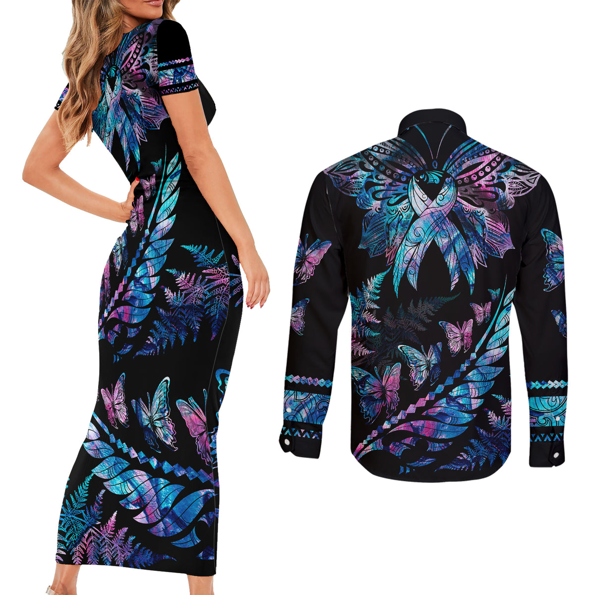 personalised-polynesia-ribbon-butterflies-couples-matching-short-sleeve-bodycon-dress-and-long-sleeve-button-shirts-silver-fern-breast-cancer-with-papua-shell-pattern