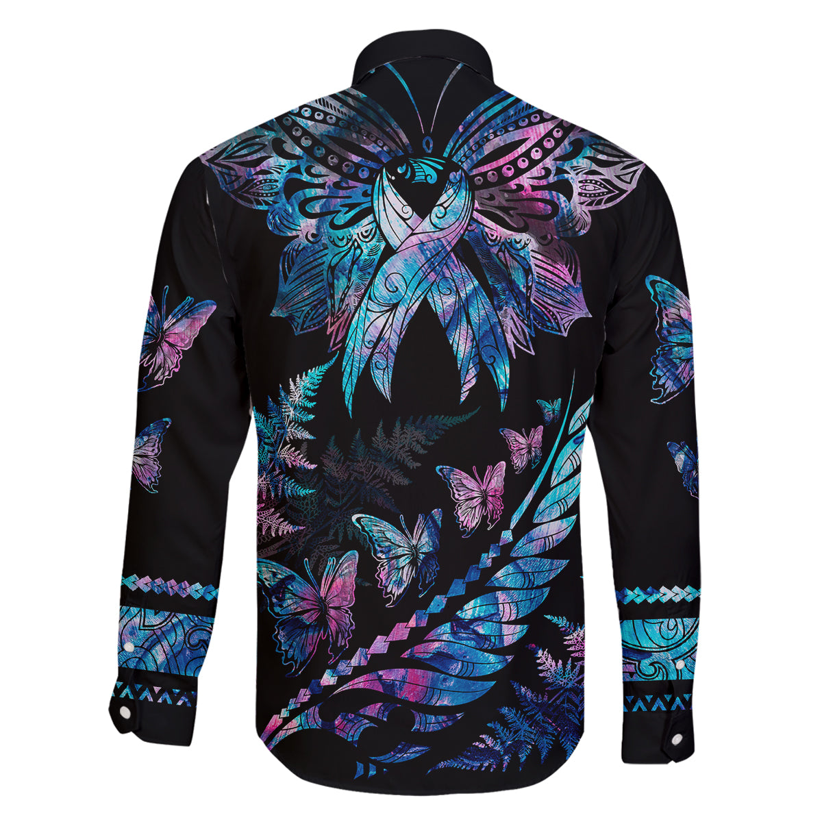 personalised-polynesia-ribbon-butterflies-family-matching-long-sleeve-bodycon-dress-and-hawaiian-shirt-silver-fern-breast-cancer-with-papua-shell-pattern