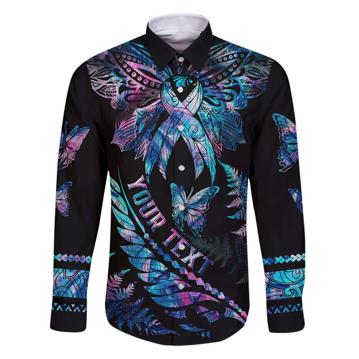 personalised-polynesia-ribbon-butterflies-family-matching-short-sleeve-bodycon-dress-and-hawaiian-shirt-silver-fern-breast-cancer-with-papua-shell-pattern