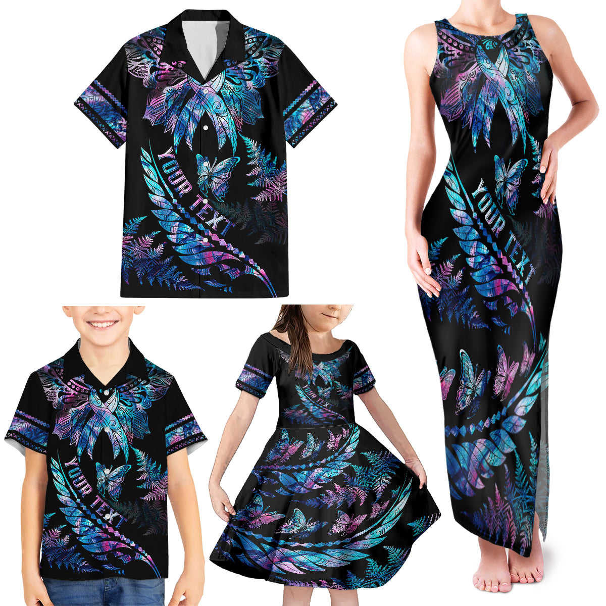 Personalised Polynesia Ribbon Butterflies Family Matching Tank Maxi Dress and Hawaiian Shirt Silver Fern Breast Cancer With Papua Shell Pattern LT9 - Polynesian Pride