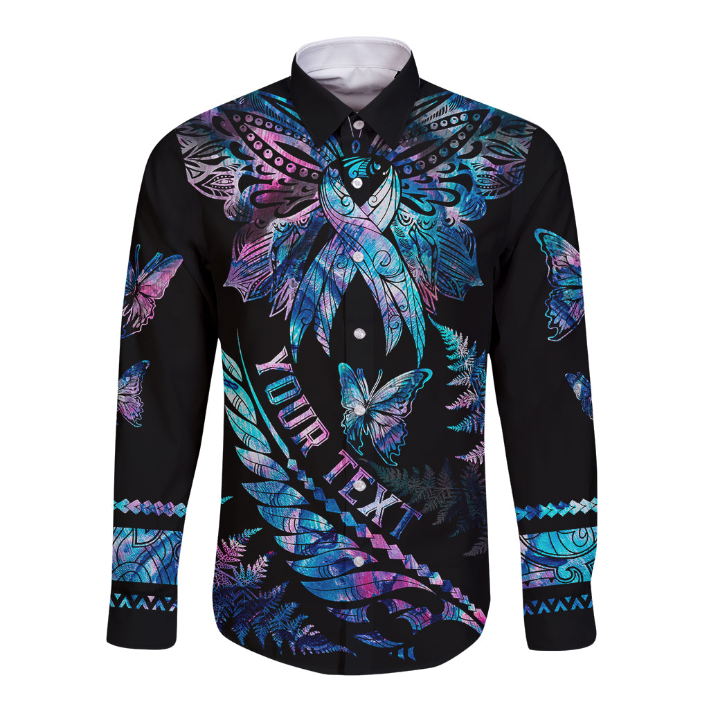 Personalised Polynesia Ribbon Butterflies Long Sleeve Button Shirt Silver Fern Breast Cancer With Papua Shell Pattern LT9 Unisex Black - Polynesian Pride