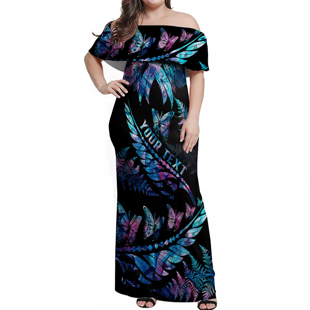 Personalised Polynesia Ribbon Butterflies Off Shoulder Maxi Dress Silver Fern Breast Cancer With Papua Shell Pattern LT9 Women Black - Polynesian Pride