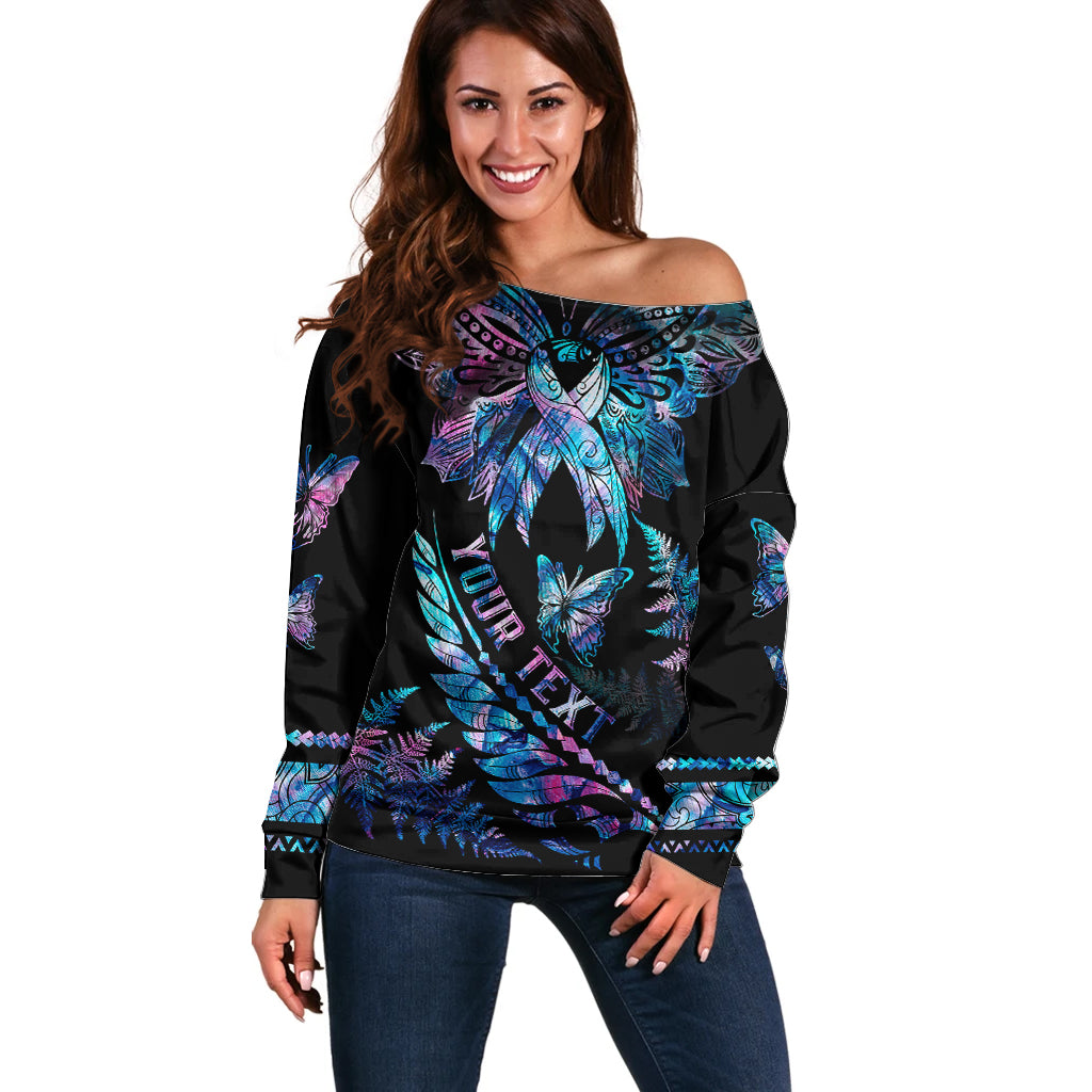 Personalised Polynesia Ribbon Butterflies Off Shoulder Sweater Silver Fern Breast Cancer With Papua Shell Pattern LT9 Women Black - Polynesian Pride