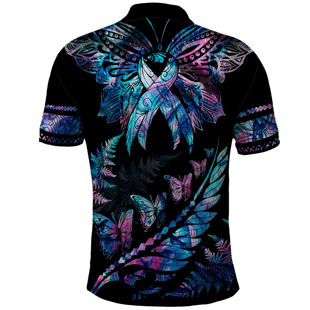 Personalised Polynesia Ribbon Butterflies Polo Shirt Silver Fern Breast Cancer With Papua Shell Pattern LT9 - Polynesian Pride