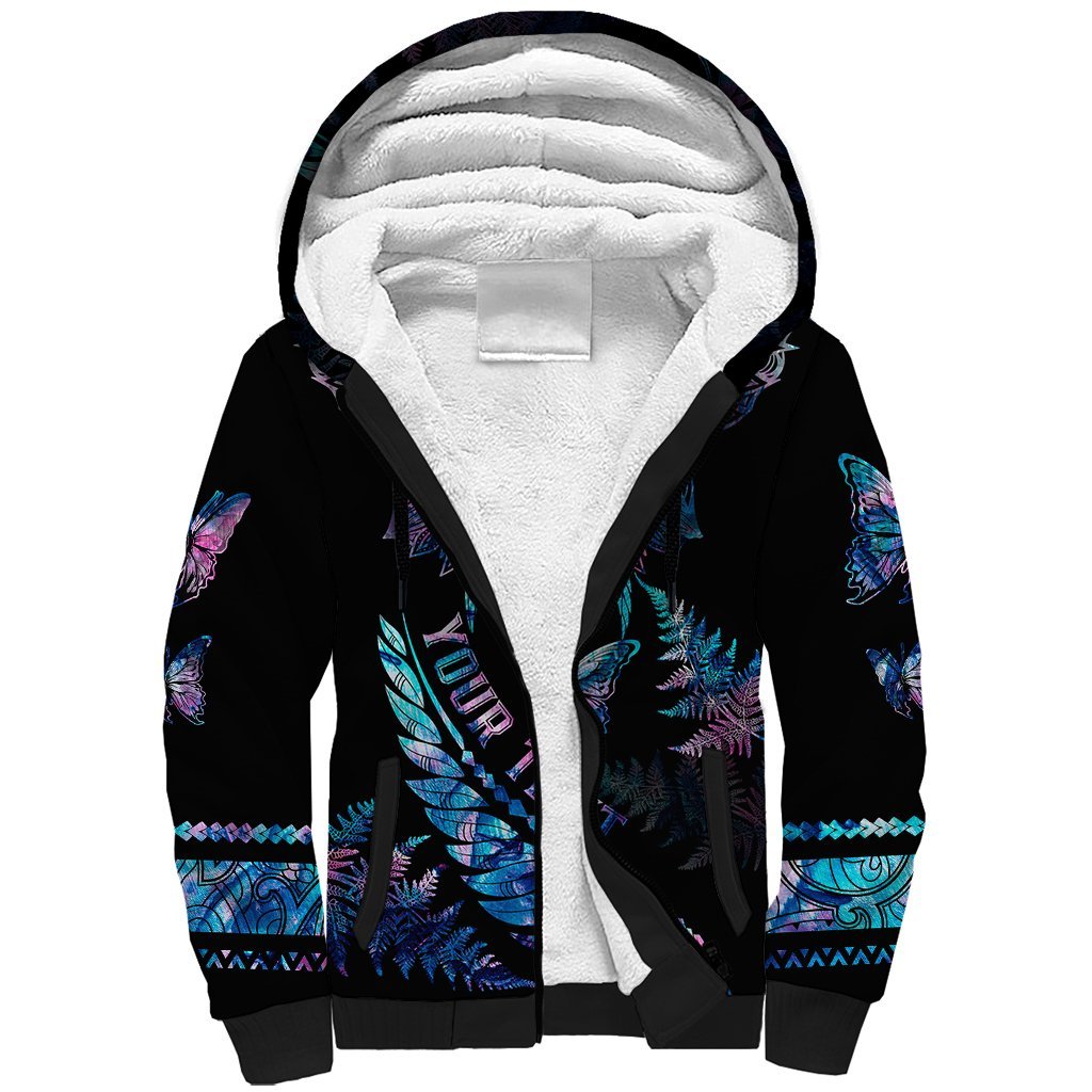 Personalised Polynesia Ribbon Butterflies Sherpa Hoodie Silver Fern Breast Cancer With Papua Shell Pattern LT9 Unisex Black - Polynesian Pride