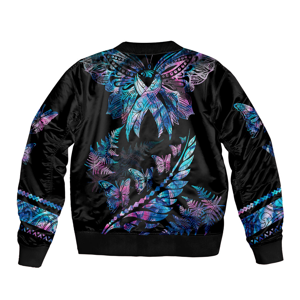 Personalised Polynesia Ribbon Butterflies Sleeve Zip Bomber Jacket Silver Fern Breast Cancer With Papua Shell Pattern LT9 - Polynesian Pride
