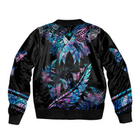 Personalised Polynesia Ribbon Butterflies Sleeve Zip Bomber Jacket Silver Fern Breast Cancer With Papua Shell Pattern LT9 - Polynesian Pride