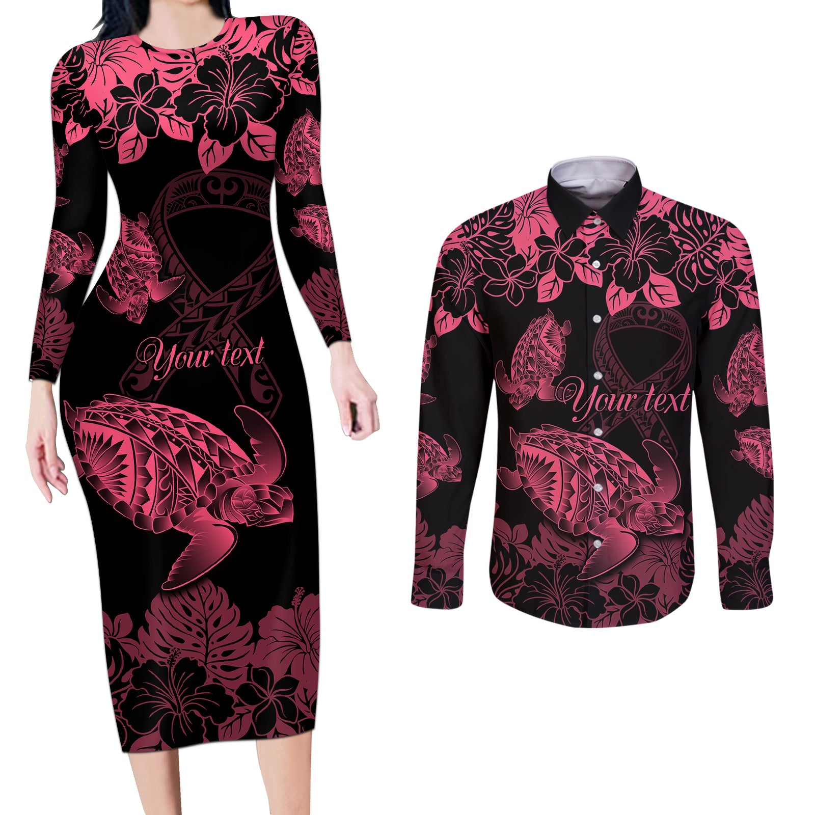 Personalised Polynesian Turtle Ribbon Couples Matching Long Sleeve Bodycon Dress and Long Sleeve Button Shirts Think Pink Breast Cancer With Pacific Hibiscus LT9 Pink - Polynesian Pride