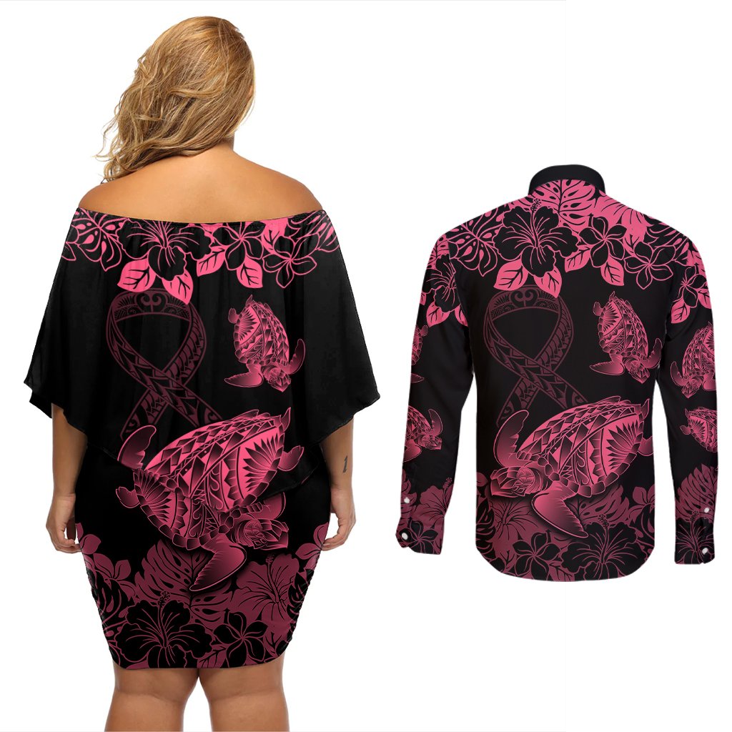 personalised-polynesian-turtle-ribbon-couples-matching-off-shoulder-short-dress-and-long-sleeve-button-shirts-think-pink-breast-cancer-with-pacific-hibiscus