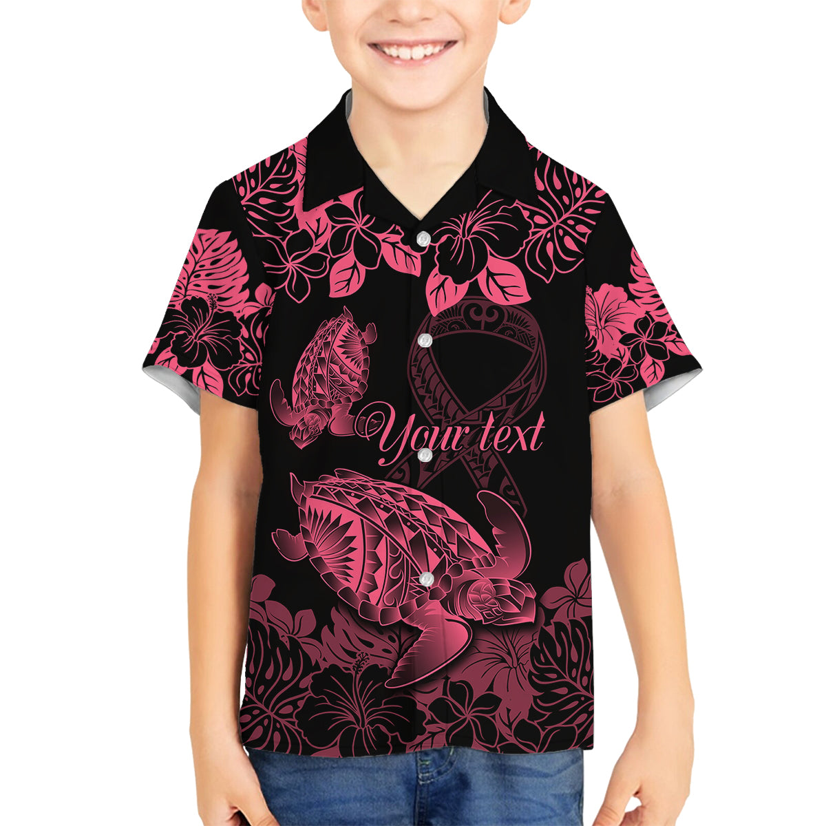 personalised-polynesian-turtle-ribbon-family-matching-off-shoulder-long-sleeve-dress-and-hawaiian-shirt-think-pink-breast-cancer-with-pacific-hibiscus