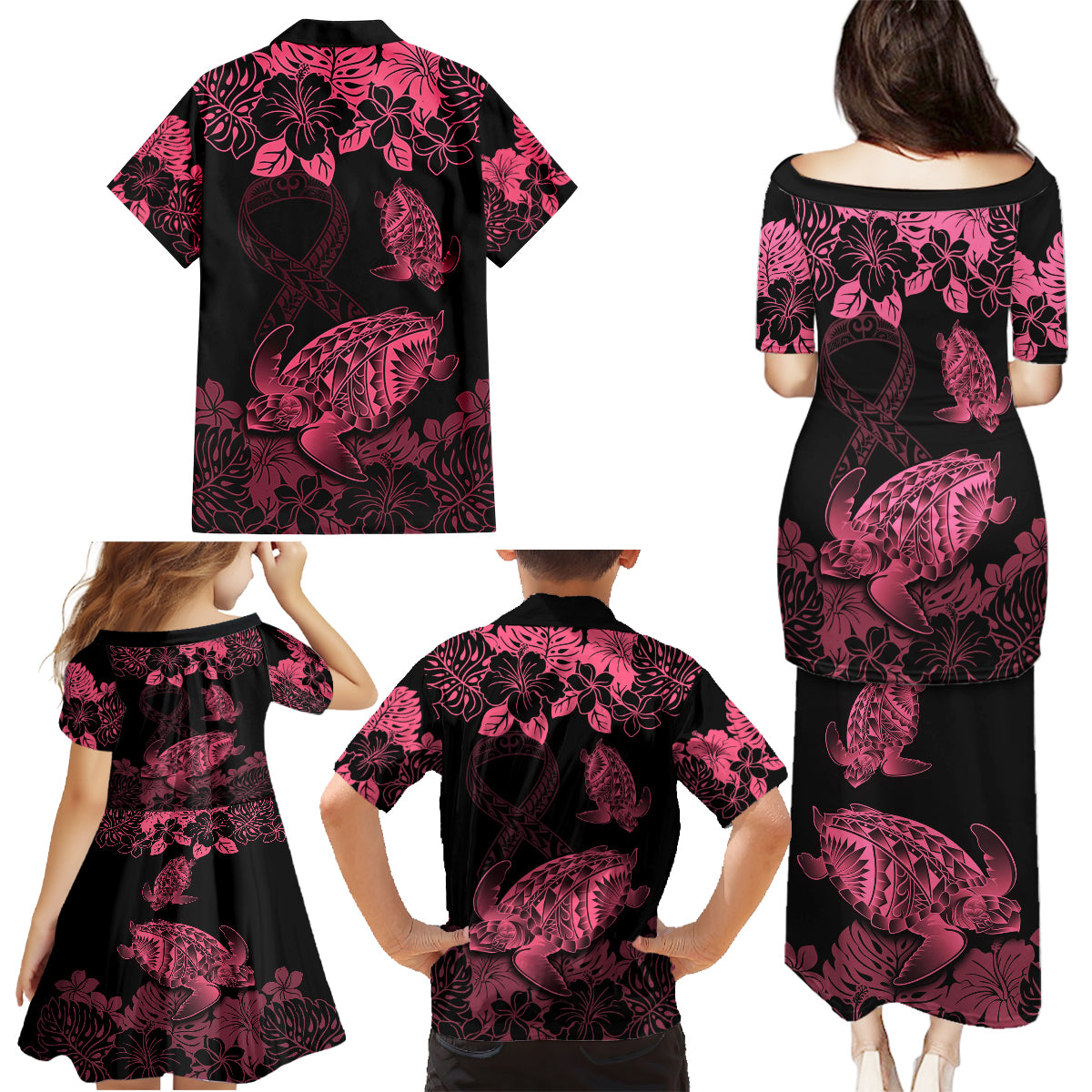 Personalised Polynesian Turtle Ribbon Family Matching Puletasi Dress and Hawaiian Shirt Think Pink Breast Cancer With Pacific Hibiscus LT9 - Polynesian Pride