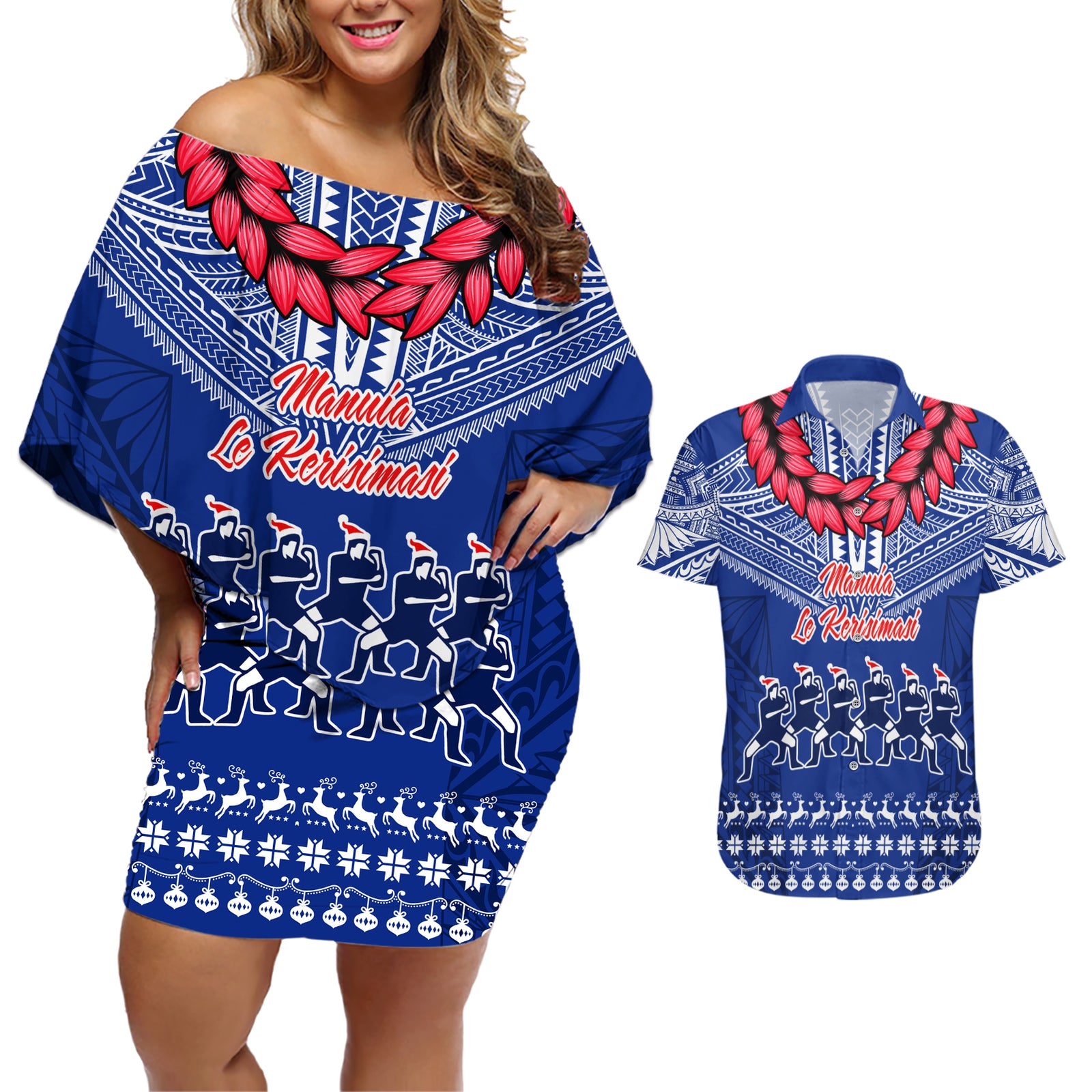 Toa Samoa Christmas Couples Matching Off Shoulder Short Dress and Hawaiian Shirt Samoa Siva Tau Manuia Le Kerisimasi Blue Vibe LT9 Blue - Polynesian Pride