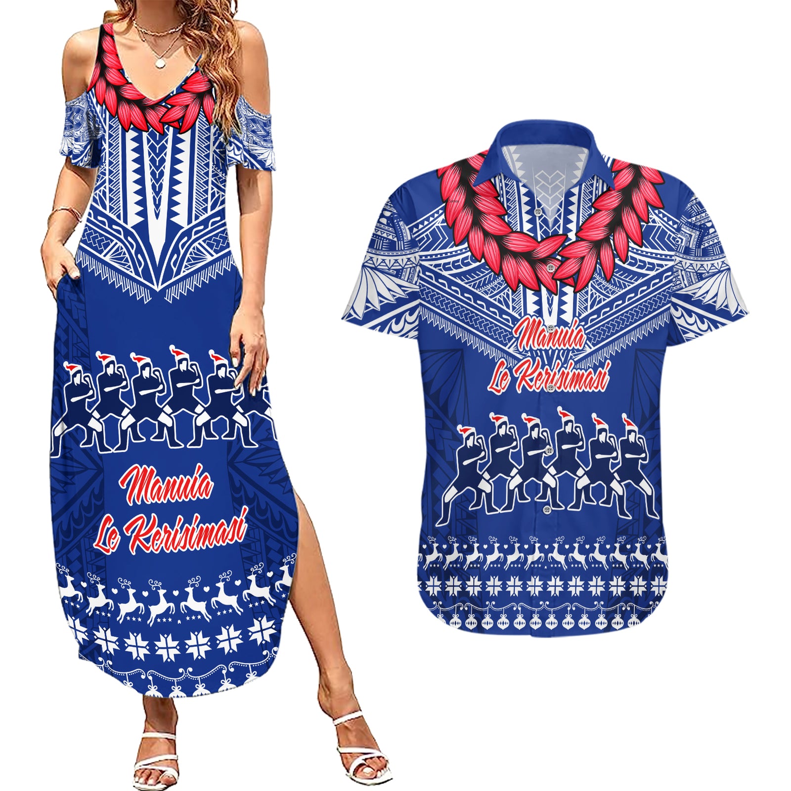 Toa Samoa Christmas Couples Matching Summer Maxi Dress and Hawaiian Shirt Samoa Siva Tau Manuia Le Kerisimasi Blue Vibe LT9 Blue - Polynesian Pride