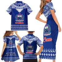 Toa Samoa Christmas Family Matching Short Sleeve Bodycon Dress and Hawaiian Shirt Samoa Siva Tau Manuia Le Kerisimasi Blue Vibe LT9 - Polynesian Pride