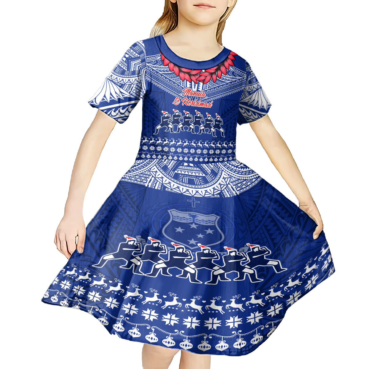 Toa Samoa Christmas Kid Short Sleeve Dress Samoa Siva Tau Manuia Le Kerisimasi Blue Vibe LT9 - Polynesian Pride