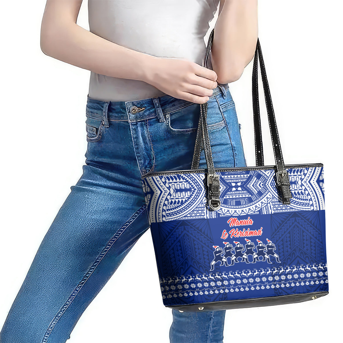 Toa Samoa Christmas Leather Tote Bag Samoa Siva Tau Manuia Le Kerisimasi Blue Vibe LT9 - Polynesian Pride