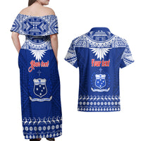 Personalised Toa Samoa Christmas Couples Matching Off Shoulder Maxi Dress and Hawaiian Shirt Samoa Siva Tau Manuia Le Kerisimasi Blue Vibe LT9 - Polynesian Pride