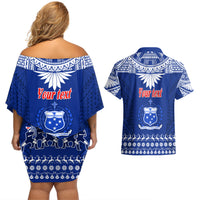 Personalised Toa Samoa Christmas Couples Matching Off Shoulder Short Dress and Hawaiian Shirt Samoa Siva Tau Manuia Le Kerisimasi Blue Vibe LT9 - Polynesian Pride