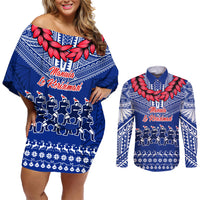 Personalised Toa Samoa Christmas Couples Matching Off Shoulder Short Dress and Long Sleeve Button Shirt Samoa Siva Tau Manuia Le Kerisimasi Blue Vibe LT9 Blue - Polynesian Pride