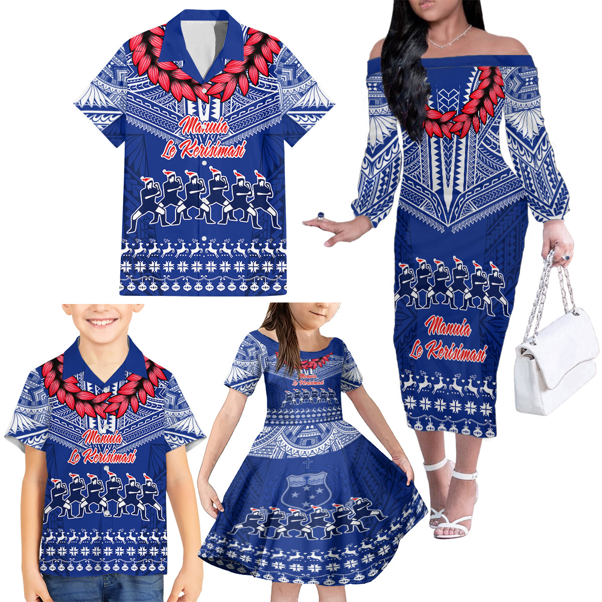 Personalised Toa Samoa Christmas Family Matching Off Shoulder Long Sleeve Dress and Hawaiian Shirt Samoa Siva Tau Manuia Le Kerisimasi Blue Vibe LT9 - Polynesian Pride