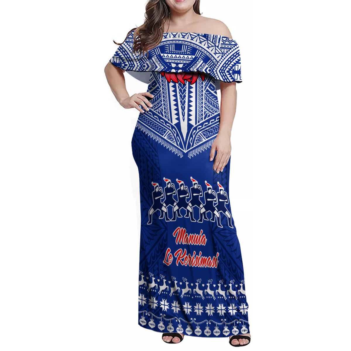 Personalised Toa Samoa Christmas Family Matching Off Shoulder Maxi Dress and Hawaiian Shirt Samoa Siva Tau Manuia Le Kerisimasi Blue Vibe LT9 Mom's Dress Blue - Polynesian Pride