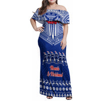 Personalised Toa Samoa Christmas Family Matching Off Shoulder Maxi Dress and Hawaiian Shirt Samoa Siva Tau Manuia Le Kerisimasi Blue Vibe LT9 Mom's Dress Blue - Polynesian Pride