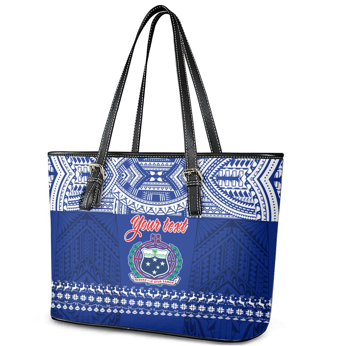 Personalised Toa Samoa Christmas Leather Tote Bag Samoa Siva Tau Manuia Le Kerisimasi Blue Vibe LT9 - Polynesian Pride