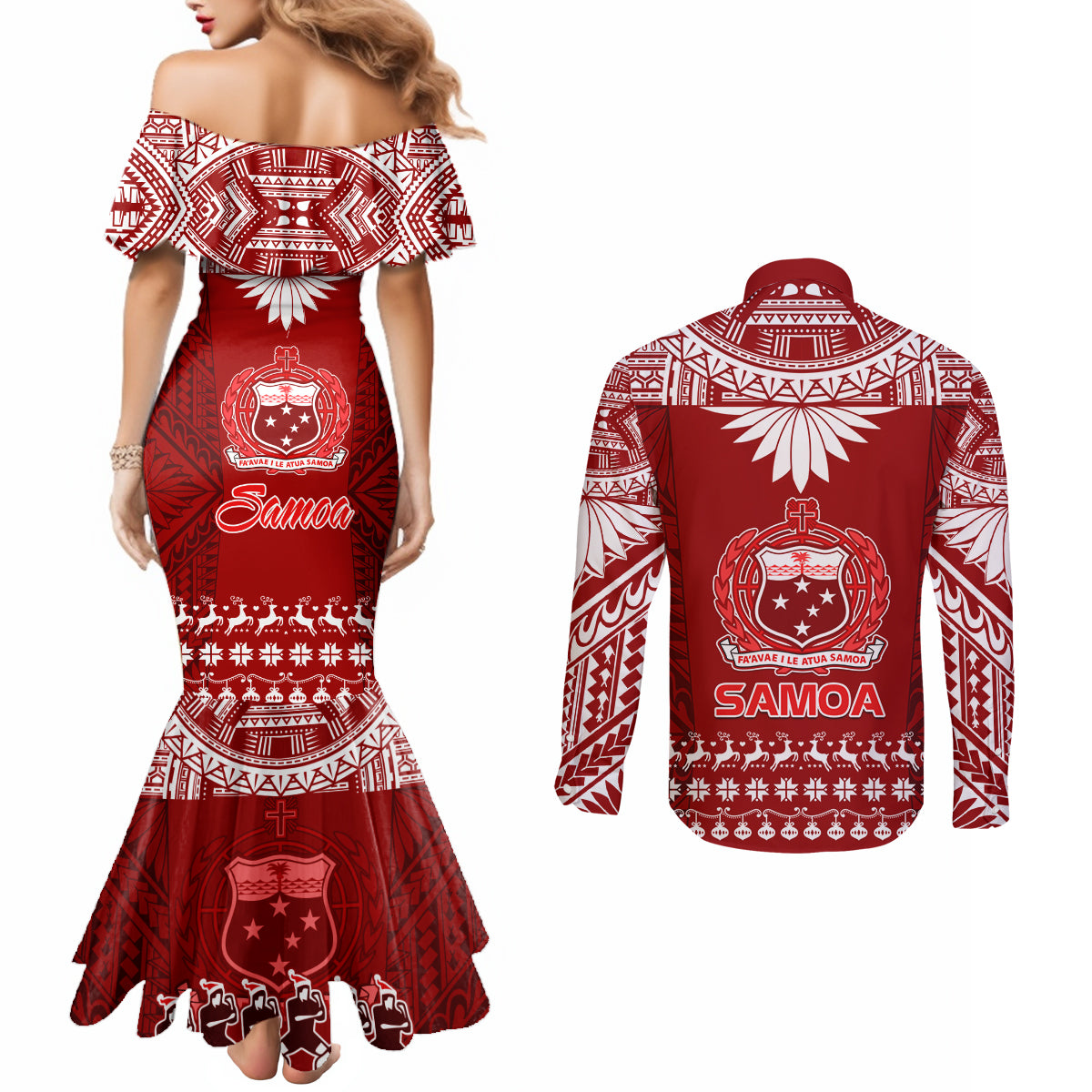 Toa Samoa Christmas Couples Matching Mermaid Dress and Long Sleeve Button Shirt Samoa Siva Tau Manuia Le Kerisimasi Red Vibe LT9 - Polynesian Pride
