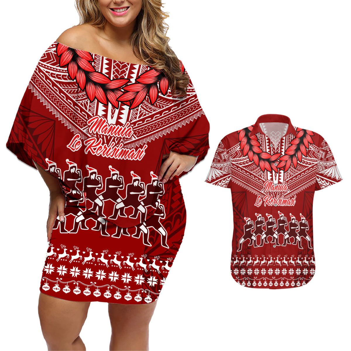 Toa Samoa Christmas Couples Matching Off Shoulder Short Dress and Hawaiian Shirt Samoa Siva Tau Manuia Le Kerisimasi Red Vibe LT9 Red - Polynesian Pride